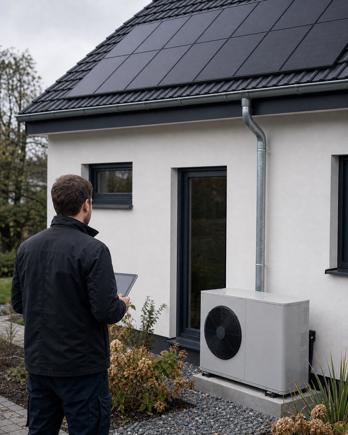 Energieberater prüft Wärmepumpe und Photovoltaikanlage an einem Wohnhaus